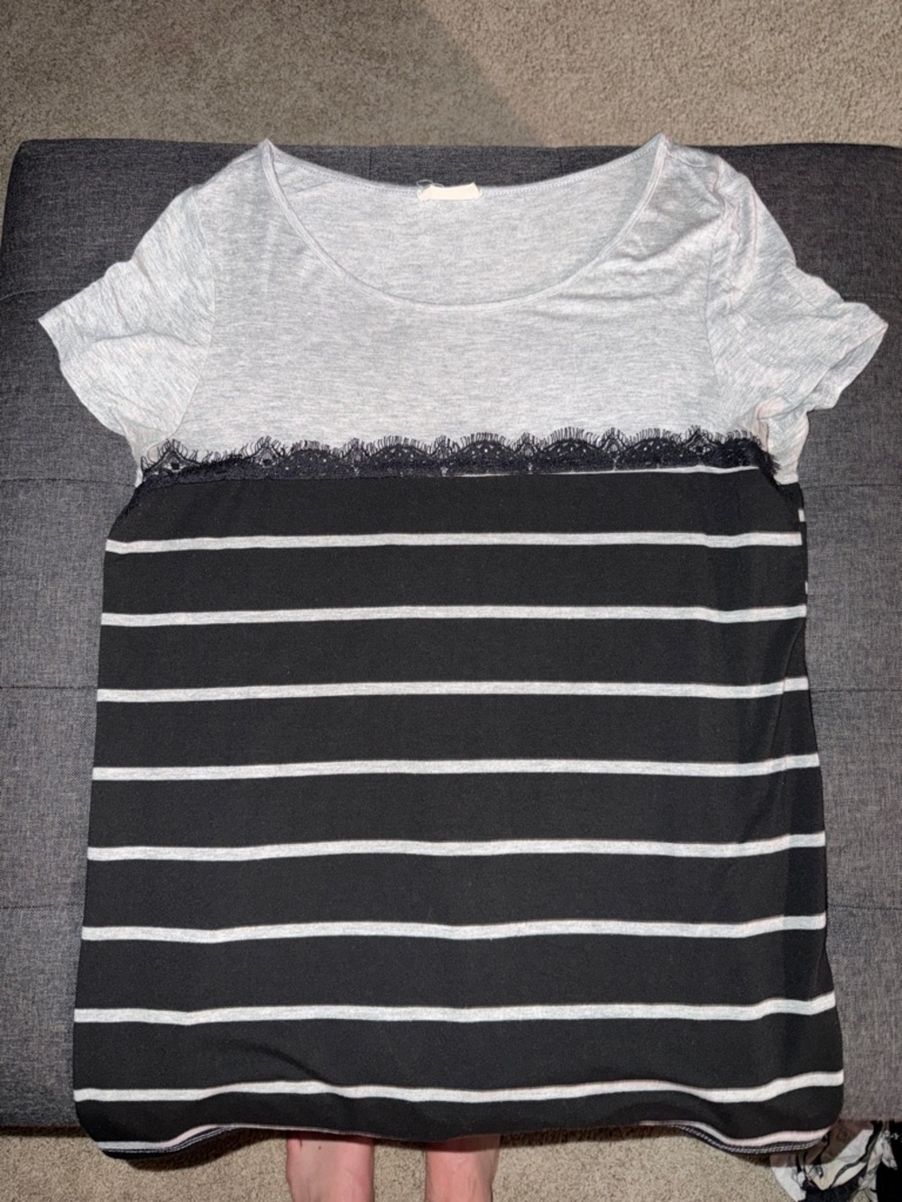 Flamingo Urban Black & Light Gray Striped Lace-Trim Short Sleeve Top